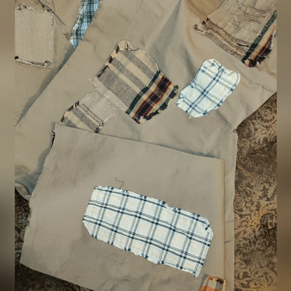 Cottagecore Traveling On Pants Khaki with Plaid Patches - Picture 4 of 4